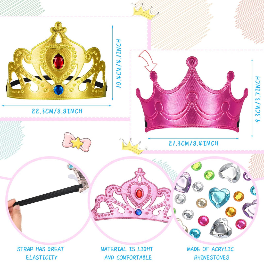 Two princess crowns, one gold and one pink, with dimensions shown, plus close-ups of a strap, a crown detail, and rhinestones.