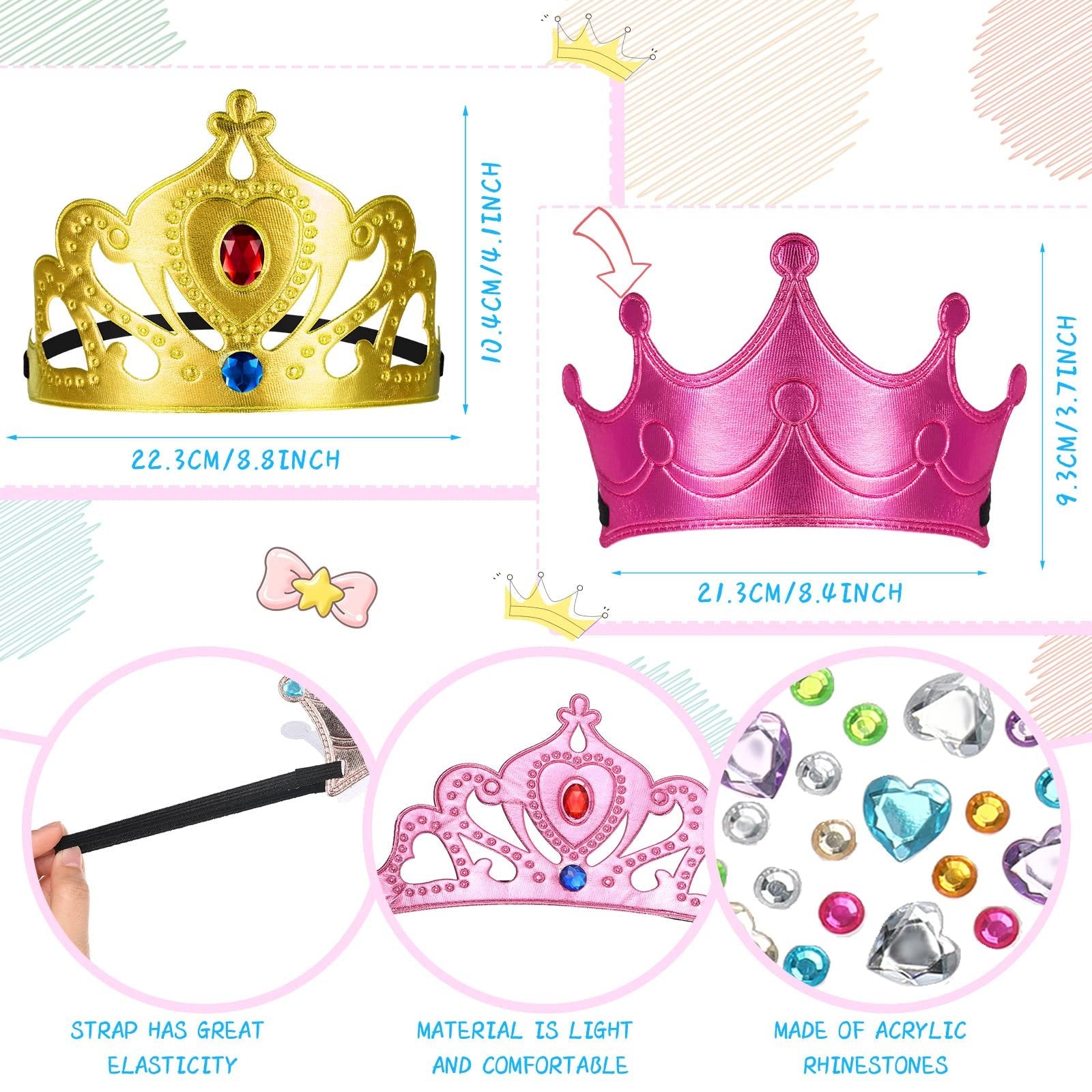 Two princess crowns, one gold and one pink, with dimensions shown, plus close-ups of a strap, a crown detail, and rhinestones.