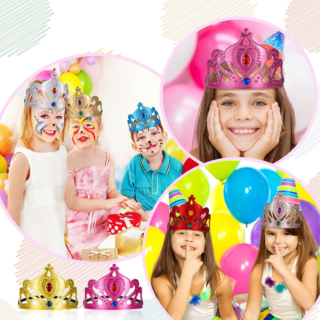 Children wearing colorful princess crowns and face paint at a party with balloons.