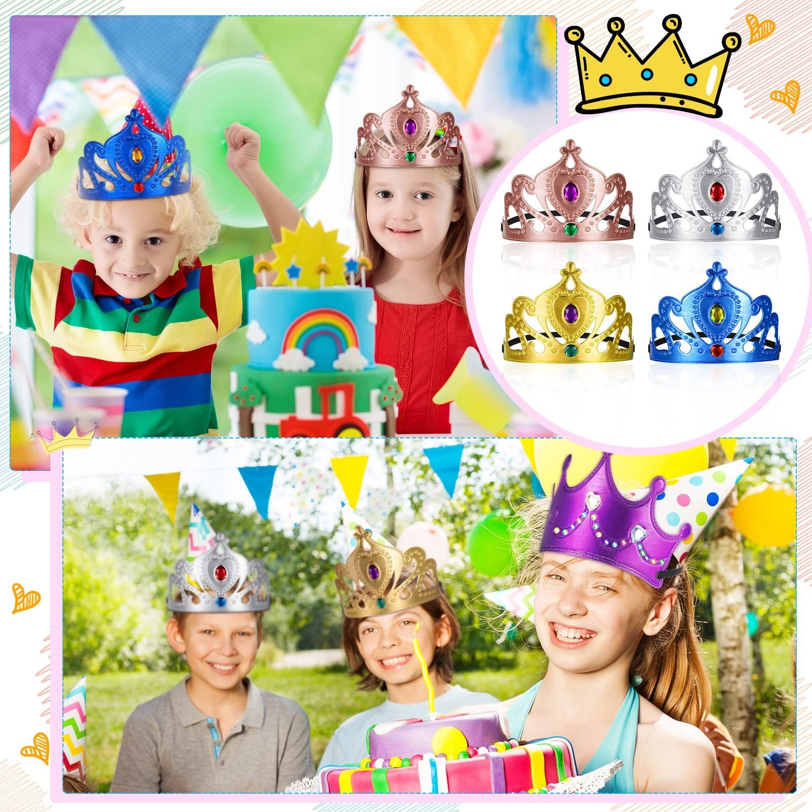Children wearing colorful foam princess crowns at a birthday party with a cake