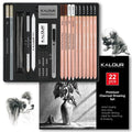 Charcoal drawing set with pencils, sticks, and erasers in a case, plus charcoal sketches of a dog and a vase of plants.