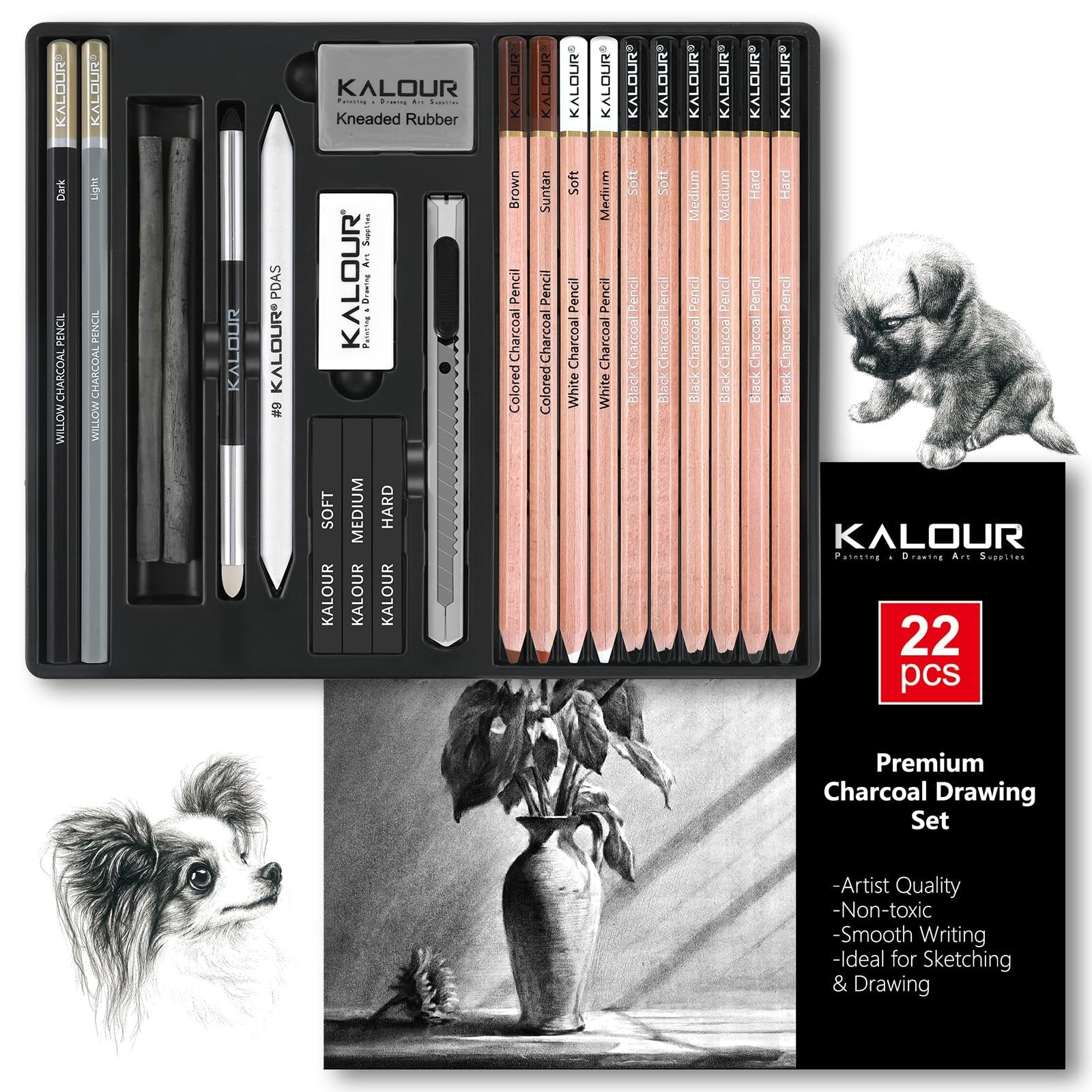 Charcoal drawing set with pencils, sticks, and erasers in a case, plus charcoal sketches of a dog and a vase of plants.