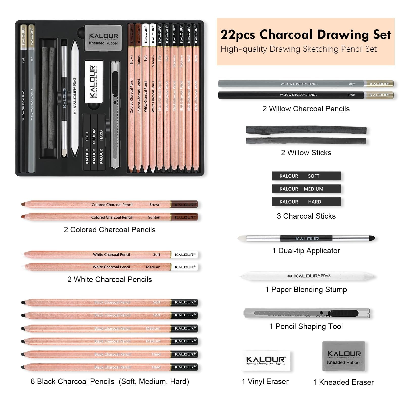 Charcoal drawing set laid out with pencils, sticks, erasers, sharpener, and blending tools. Includes colored, white, and black charcoal pencils.