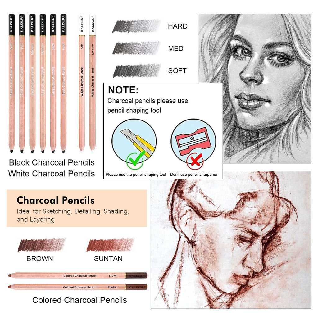 Charcoal drawing pencils and sketches showing different shades and colors, with instructions on sharpening.