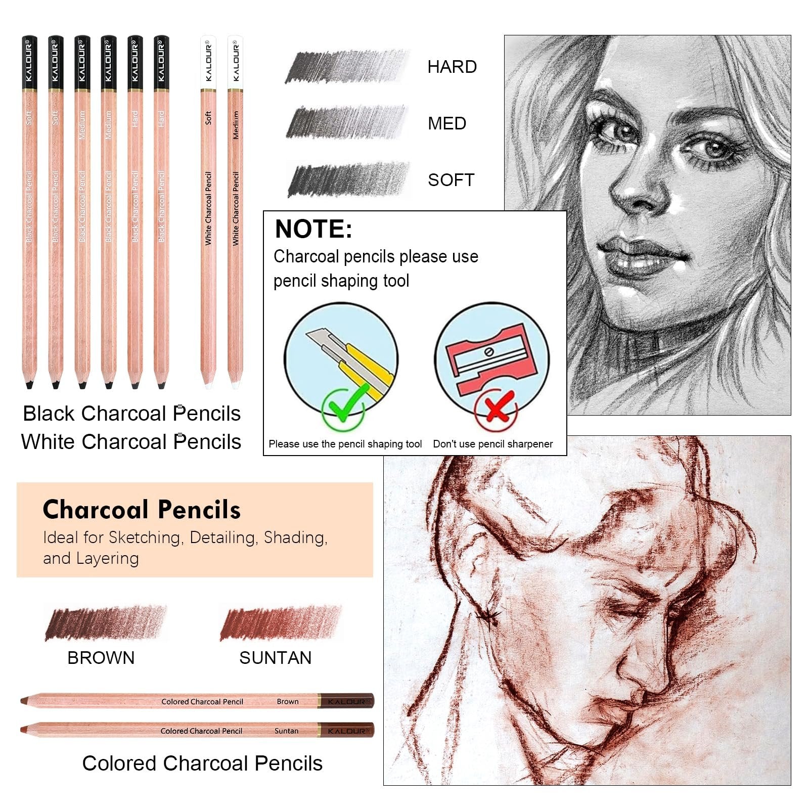 Charcoal drawing pencils and sketches showing different shades and colors, with instructions on sharpening.