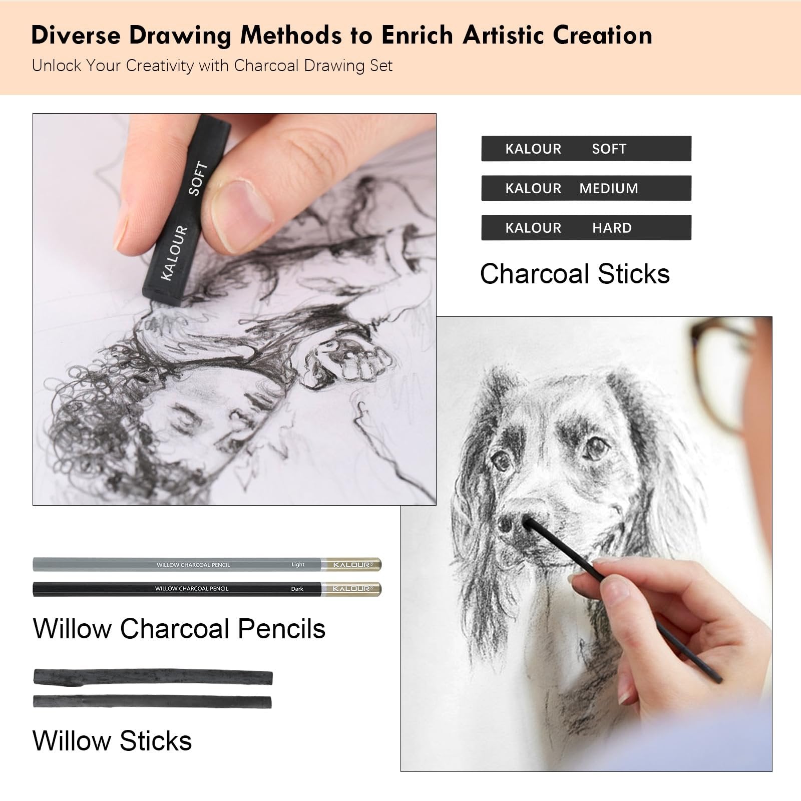 Charcoal drawing set with charcoal sticks, pencils, and willow sticks being used to draw a portrait of a dog and a human face.