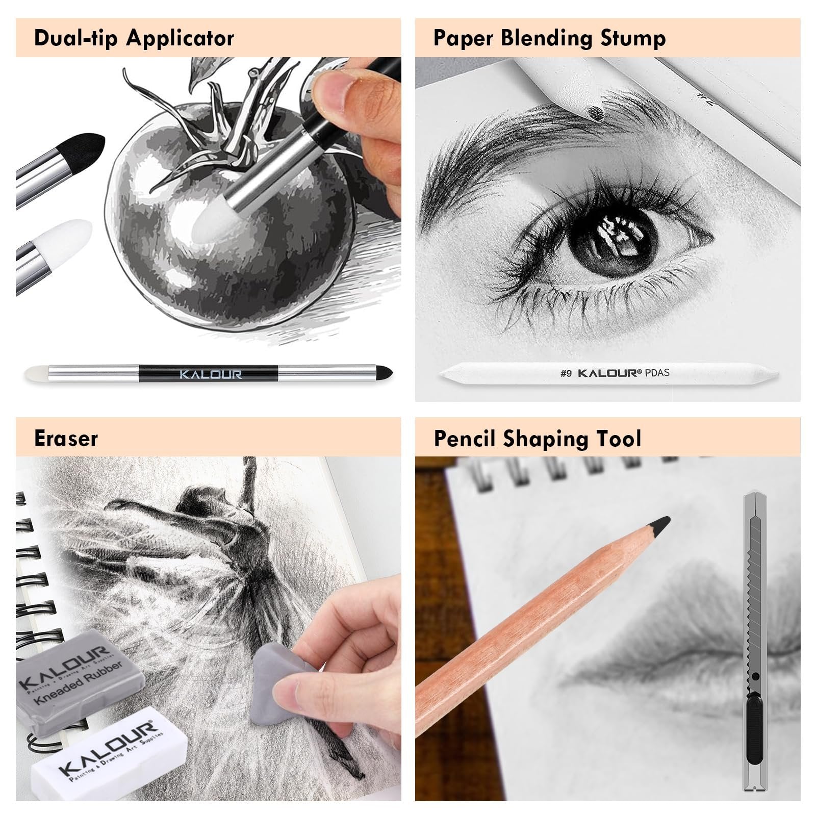 Collage of charcoal drawing tools including applicators, blending stump, erasers, and pencil sharpener.