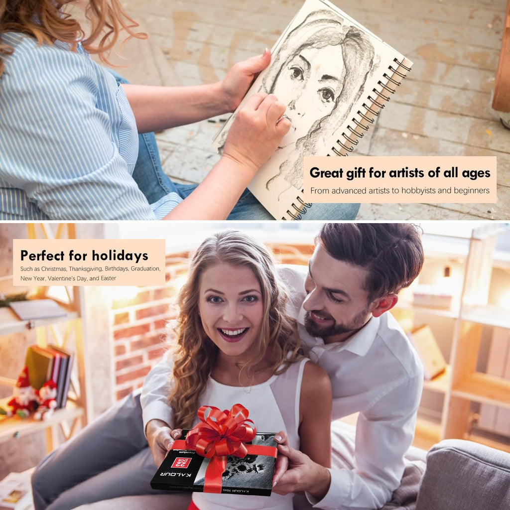 Woman drawing in a sketchbook while a man presents a gift box with a red ribbon.