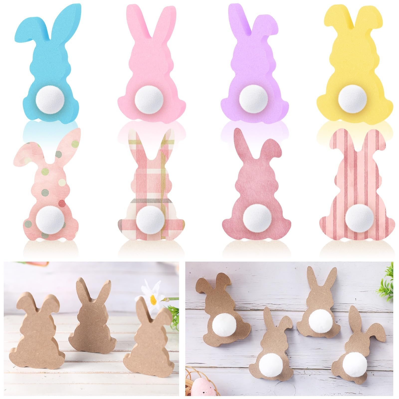 Assorted unfinished wood Easter bunny cutouts with felt tails, some with patterns, on white background.