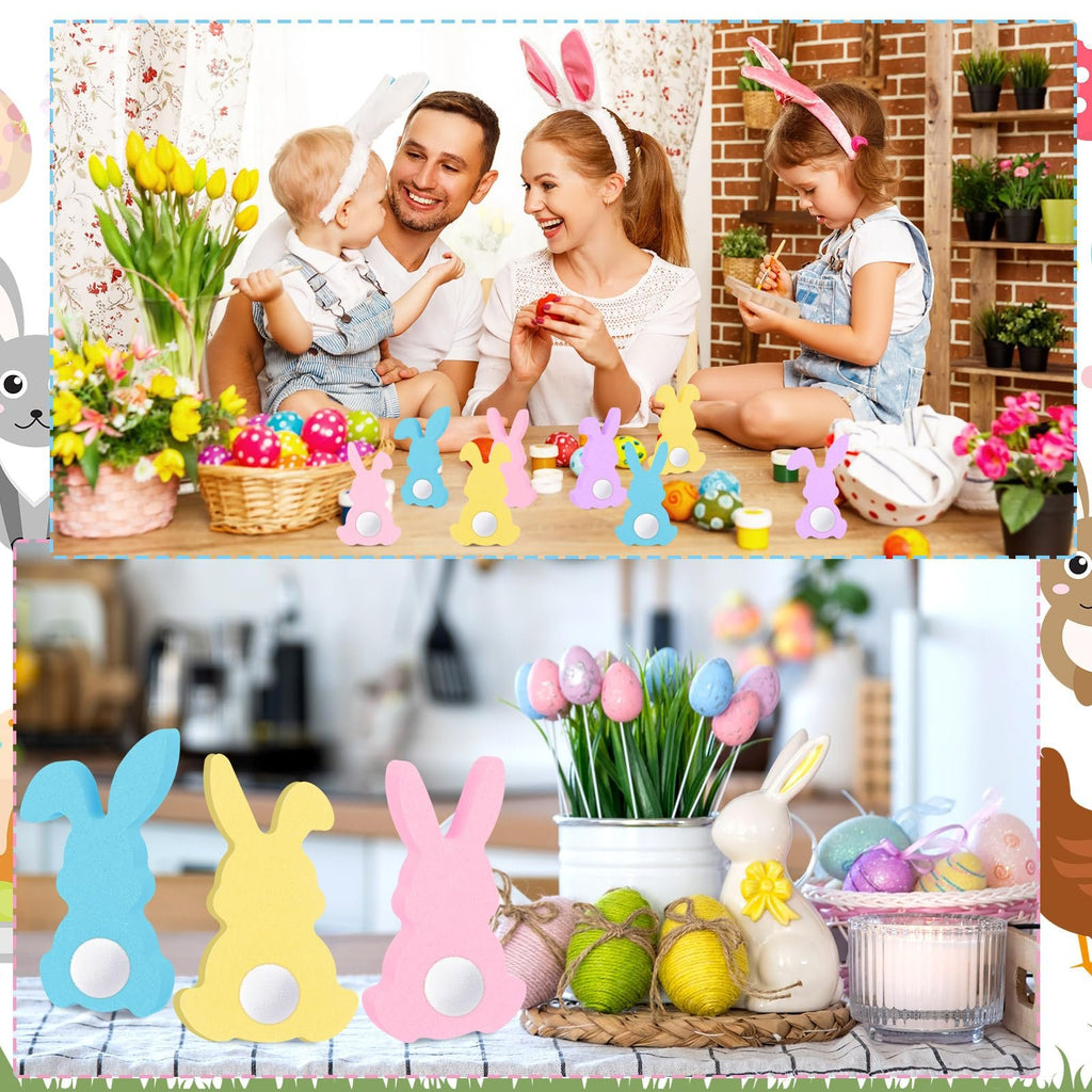 Family crafting Easter decorations with unfinished wood bunny cutouts and felt balls.