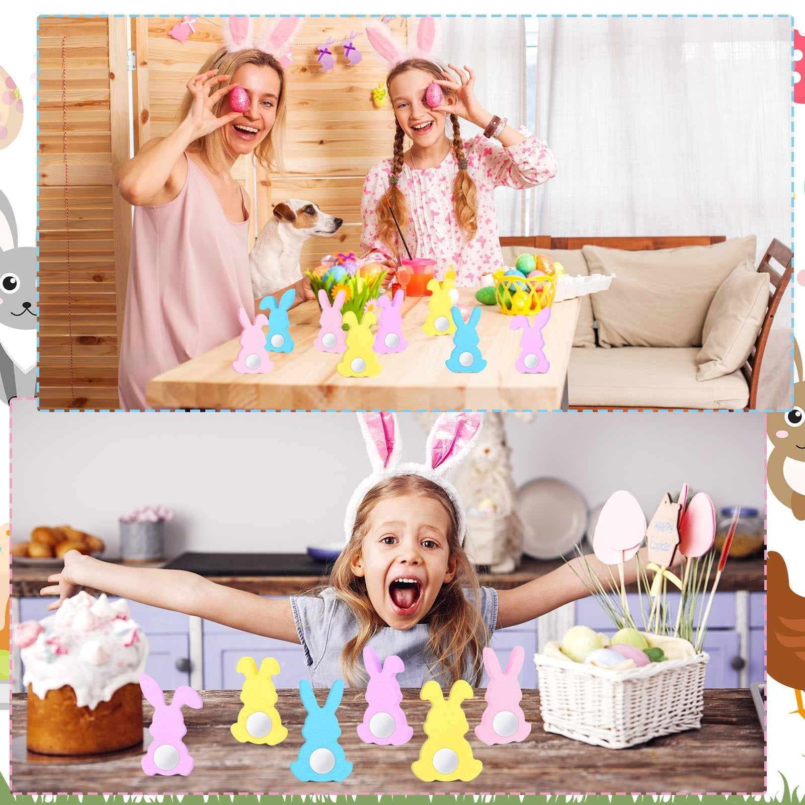 Mother and daughter crafting Easter bunnies with felt balls and adhesive dots, a dog watches.