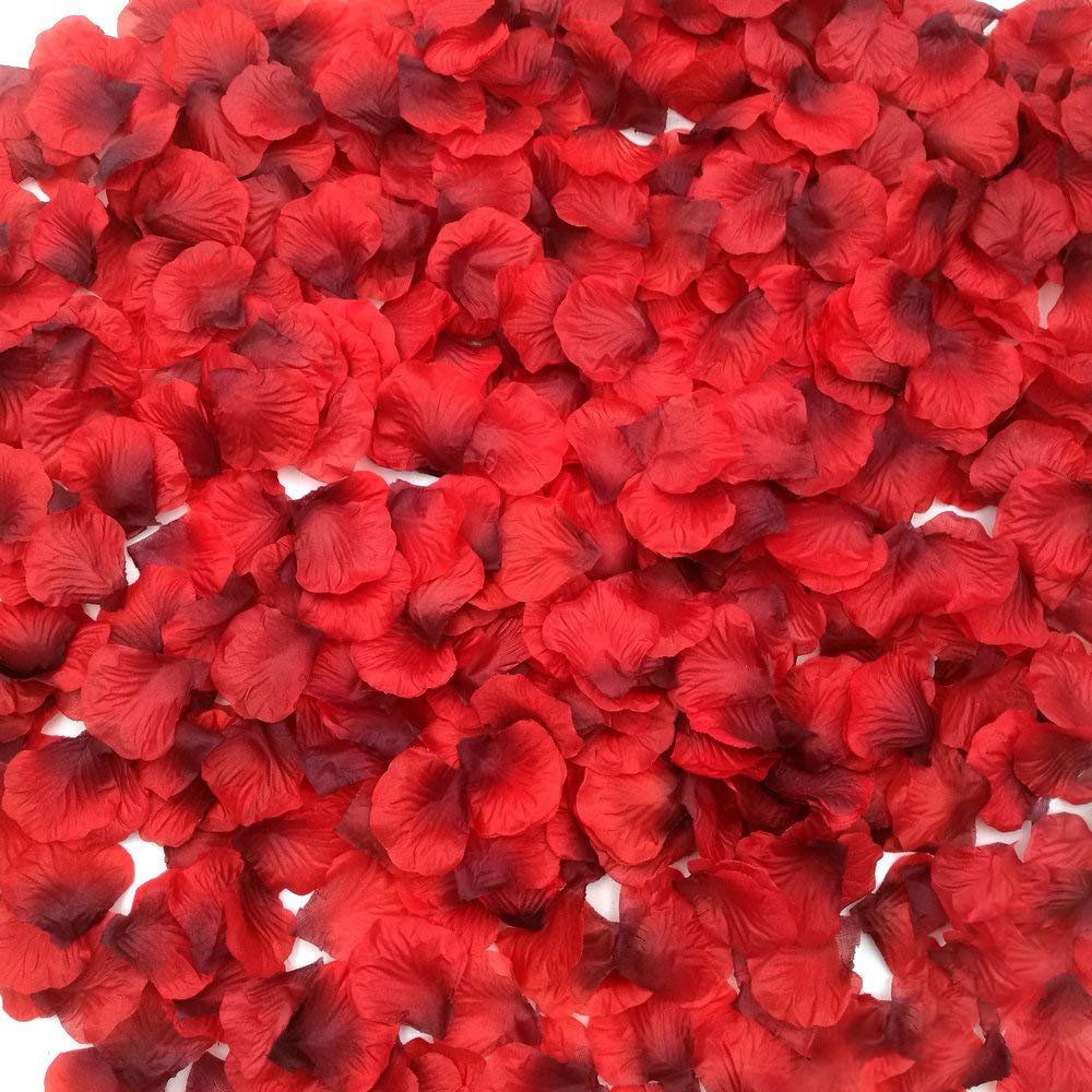 Pile of dark red artificial silk rose petals, 2x2 inch size, for romantic decor
