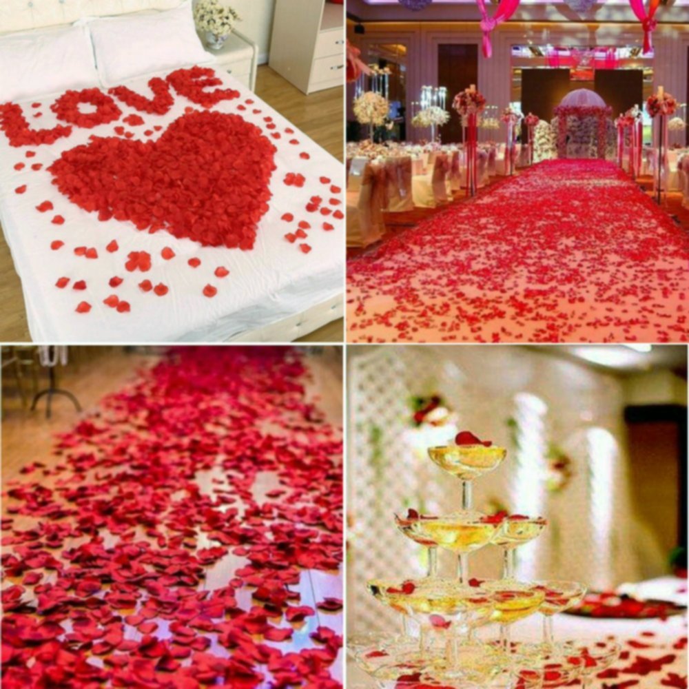 Collage of four romantic decor scenes with red silk rose petals: a bed with 'LOVE' and a heart, a wedding aisle, a floor aisle, and a champagne tower.