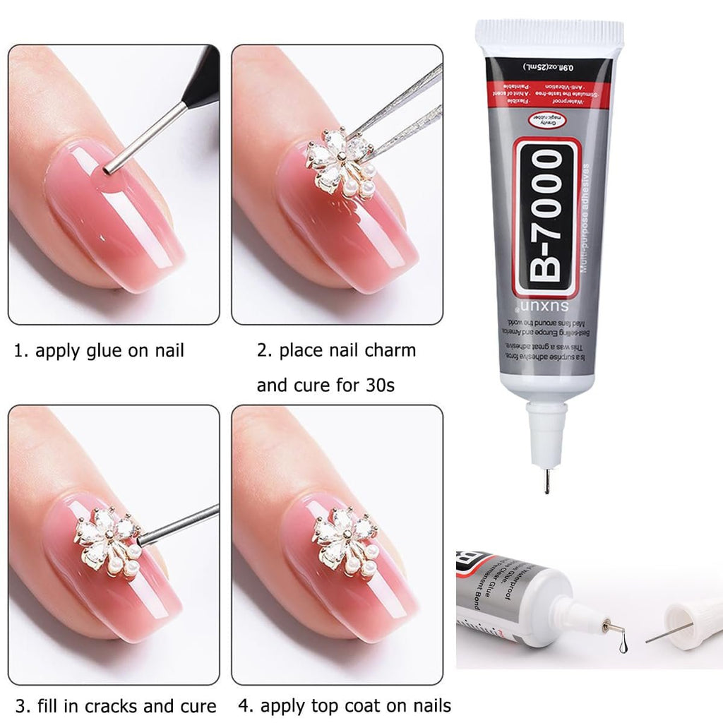 Nail art tutorial showing how to apply a charm using B-7000 glue. Includes four steps: apply glue, place charm, fill cracks, apply top coat.