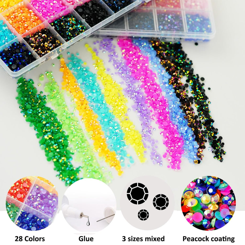 Assorted colorful resin rhinestones in a divided container and scattered, with inset circles showing glue, size variations, and peacock coating.