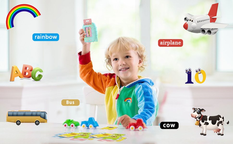 Young child holding a learning device with flashcards, surrounded by educational graphics like ABCs, a bus, and a cow.