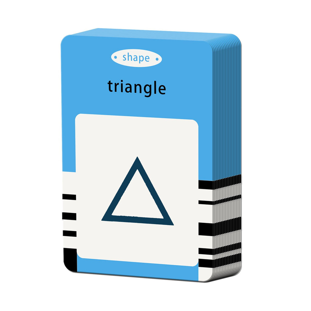 Stack of educational flashcards showing a triangle shape and the word 'triangle' on a blue background.