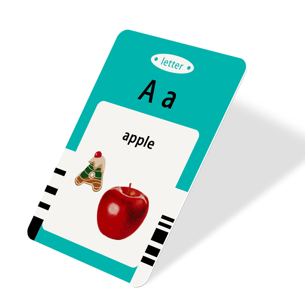 Alphabet flash card for letter A showing the word 'apple' and an image of an apple and a gingerbread cookie.