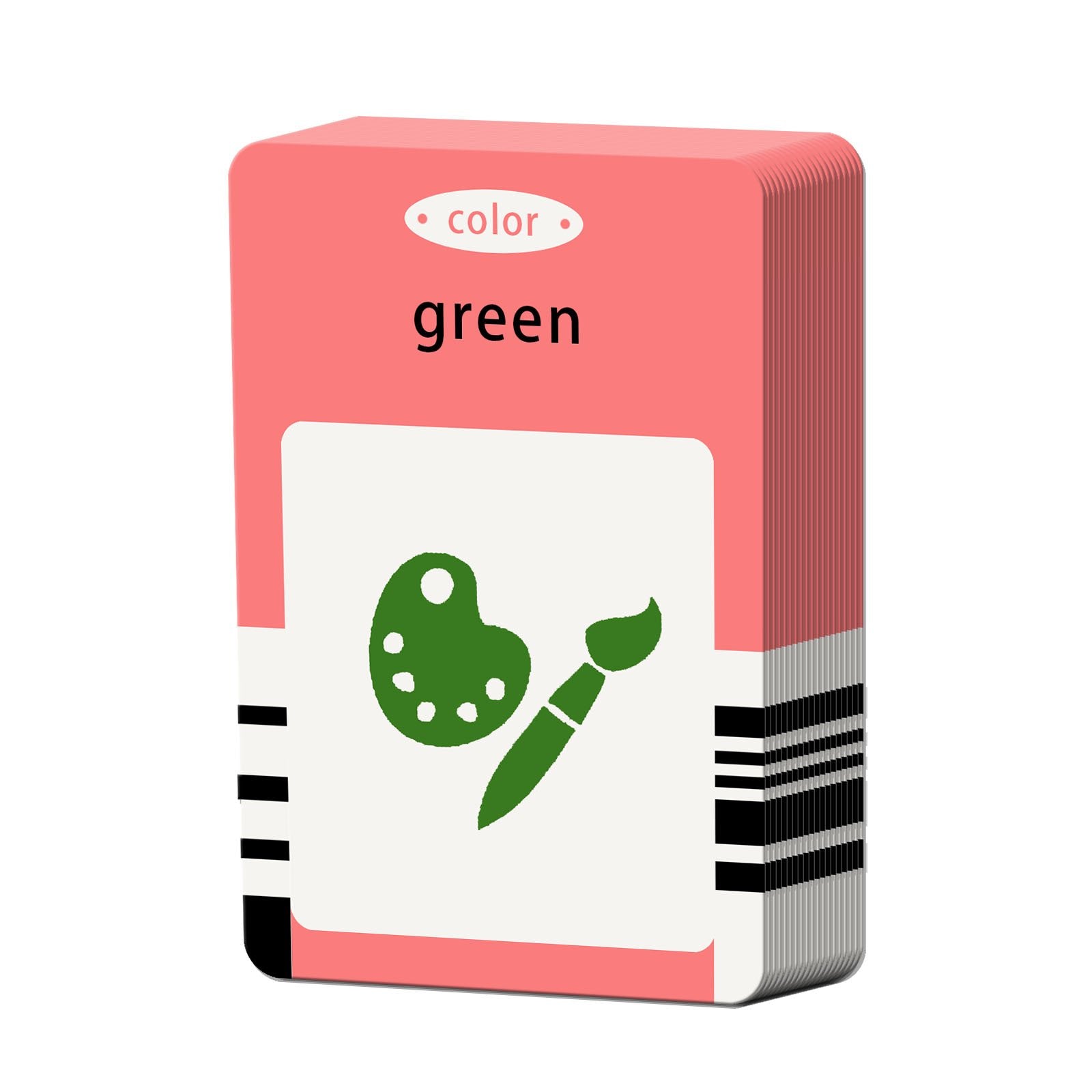 Stack of educational flashcards for toddlers, one card showing the word 'green' and a green paint palette and brush icon.