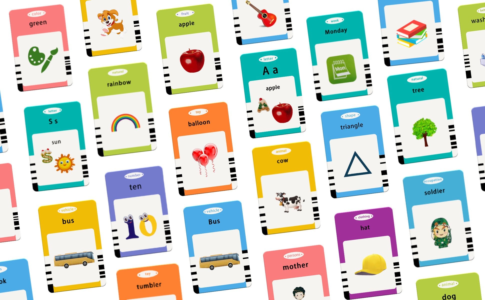 A collection of educational flashcards for toddlers, showing various subjects like colors, letters, numbers, animals, and objects.