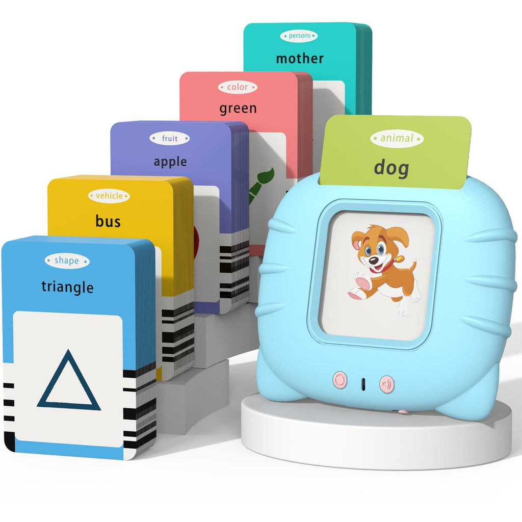 Light blue learning device with stacks of colorful flashcards showing shapes, vehicles, fruits, colors, people, and animals.