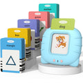 Light blue learning device with stacks of colorful flashcards showing shapes, vehicles, fruits, colors, people, and animals.