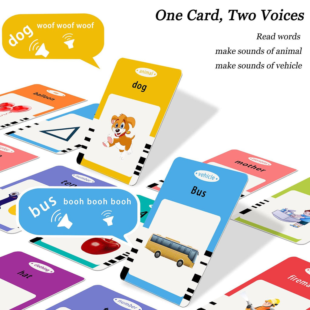 Toddler learning flashcards showing dog, bus, balloon, hat, and mother with text and illustrations.