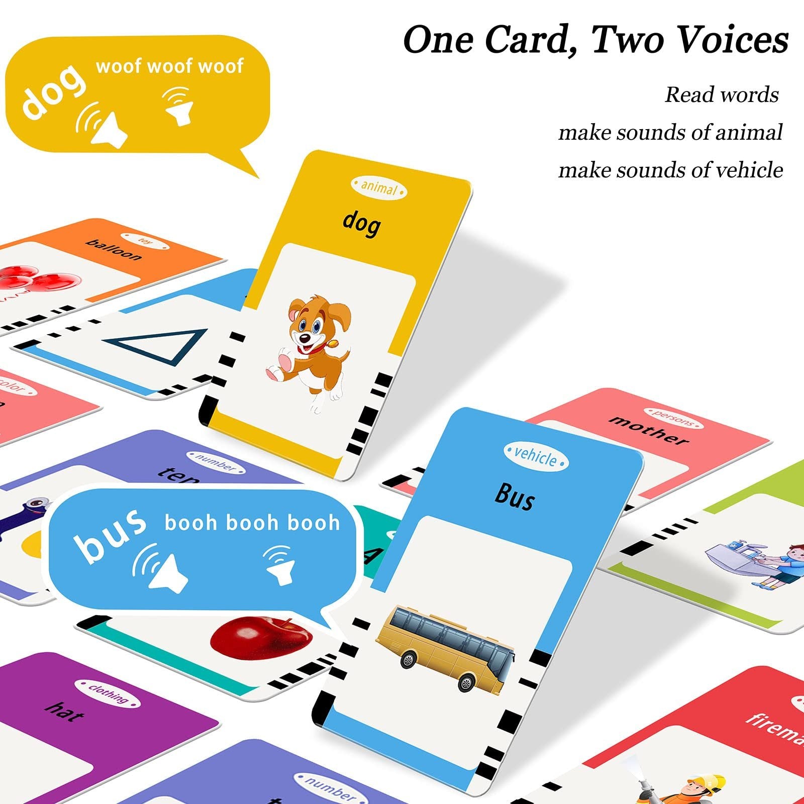 Toddler learning flashcards showing dog, bus, balloon, hat, and mother with text and illustrations.