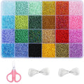 Glass seed bead kit with 24 colors in storage box, plus scissors and white string for jewelry making.