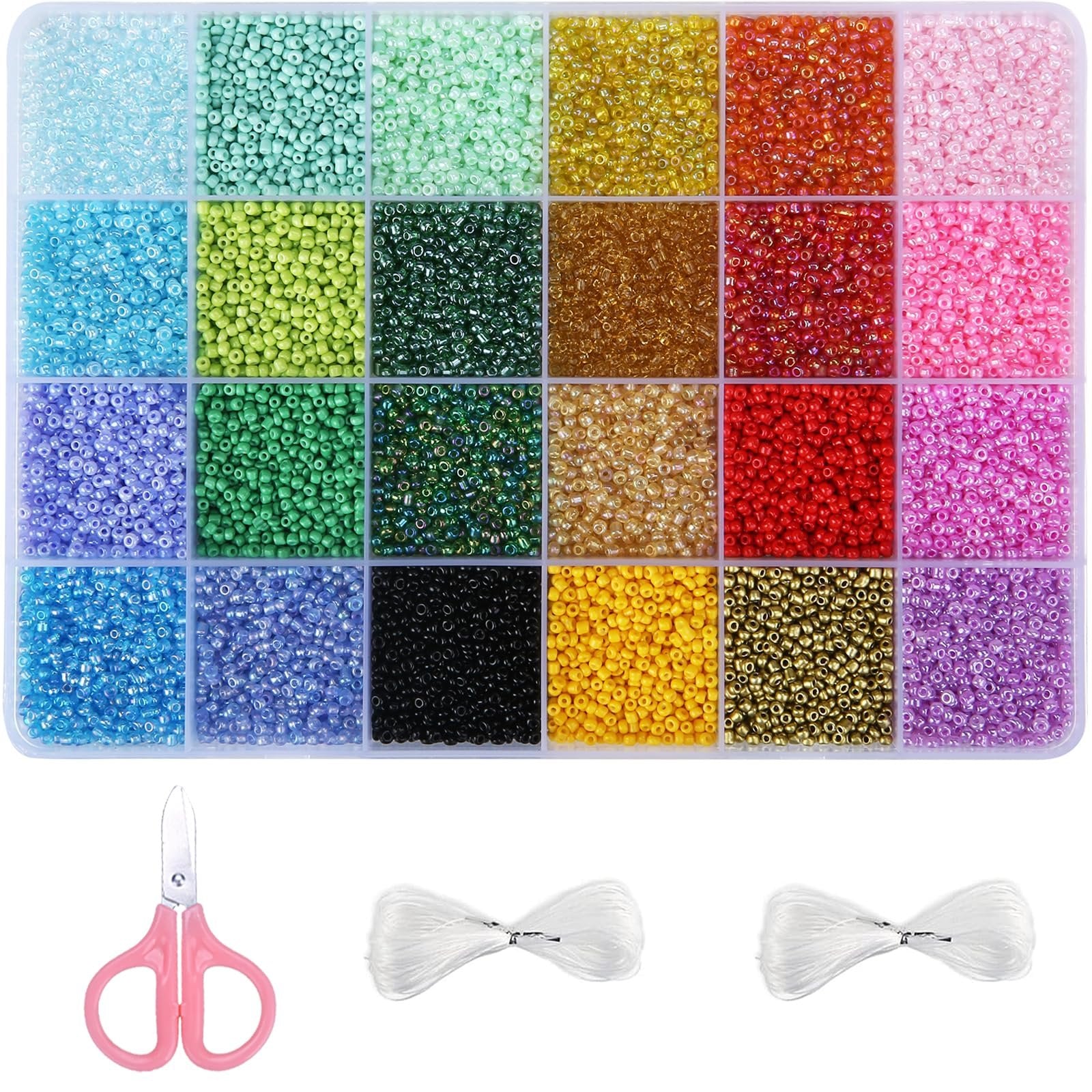 Glass seed bead kit with 24 colors in storage box, plus scissors and white string for jewelry making.