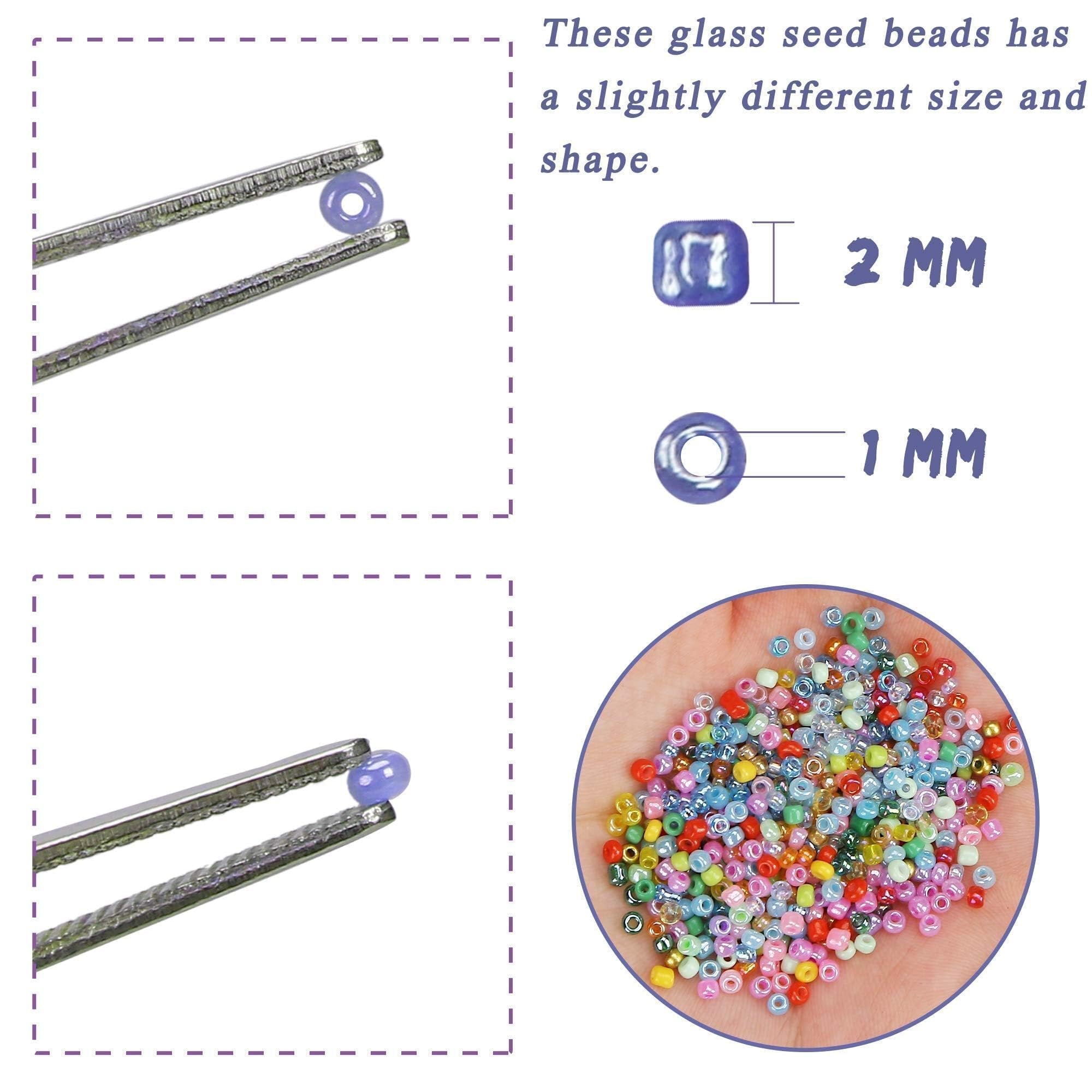 Close-up of glass seed beads held by tweezers, with size comparison graphics and a hand holding a pile of colorful beads.
