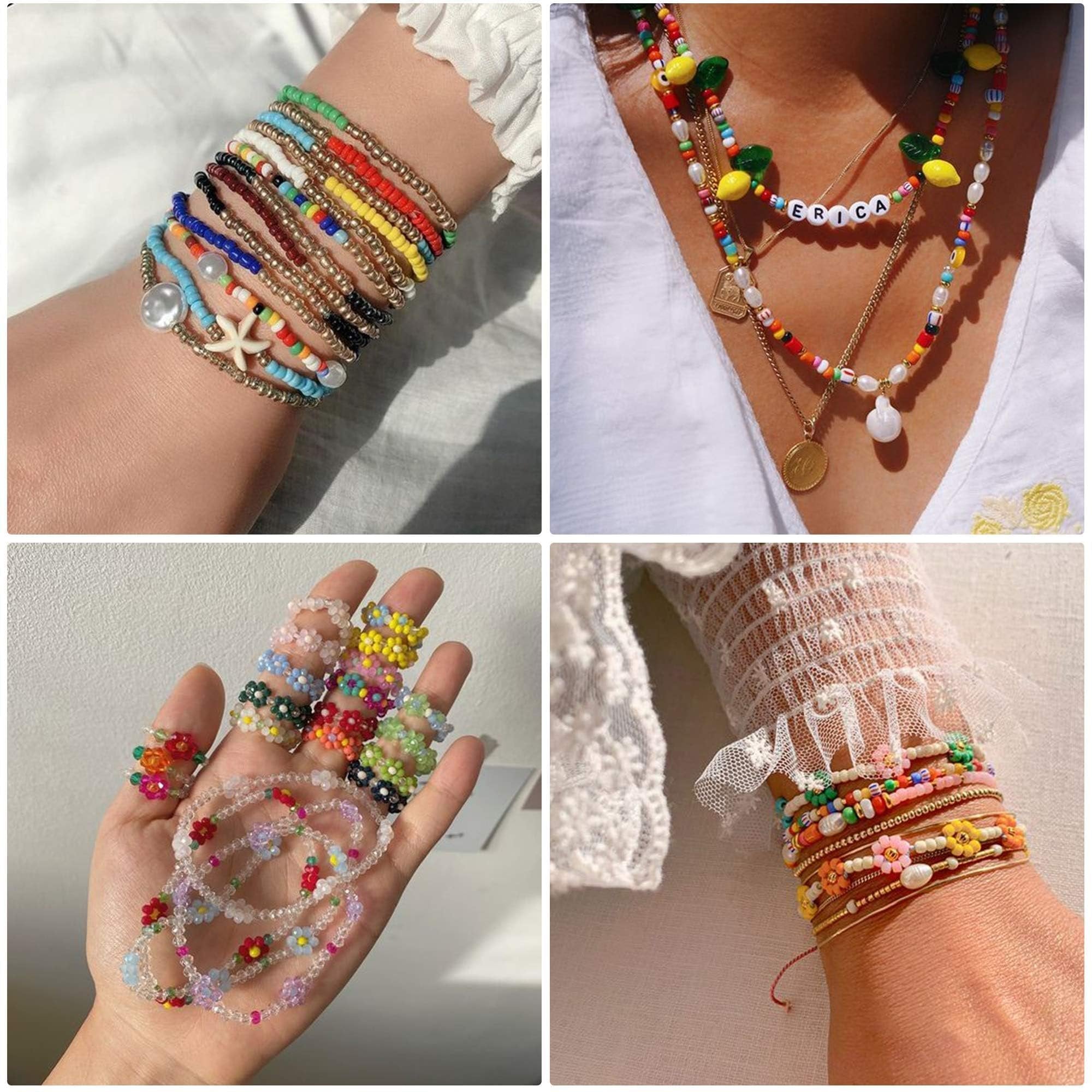 Collage of colorful handmade beaded jewelry including bracelets, necklaces, and rings worn on hands and neck.
