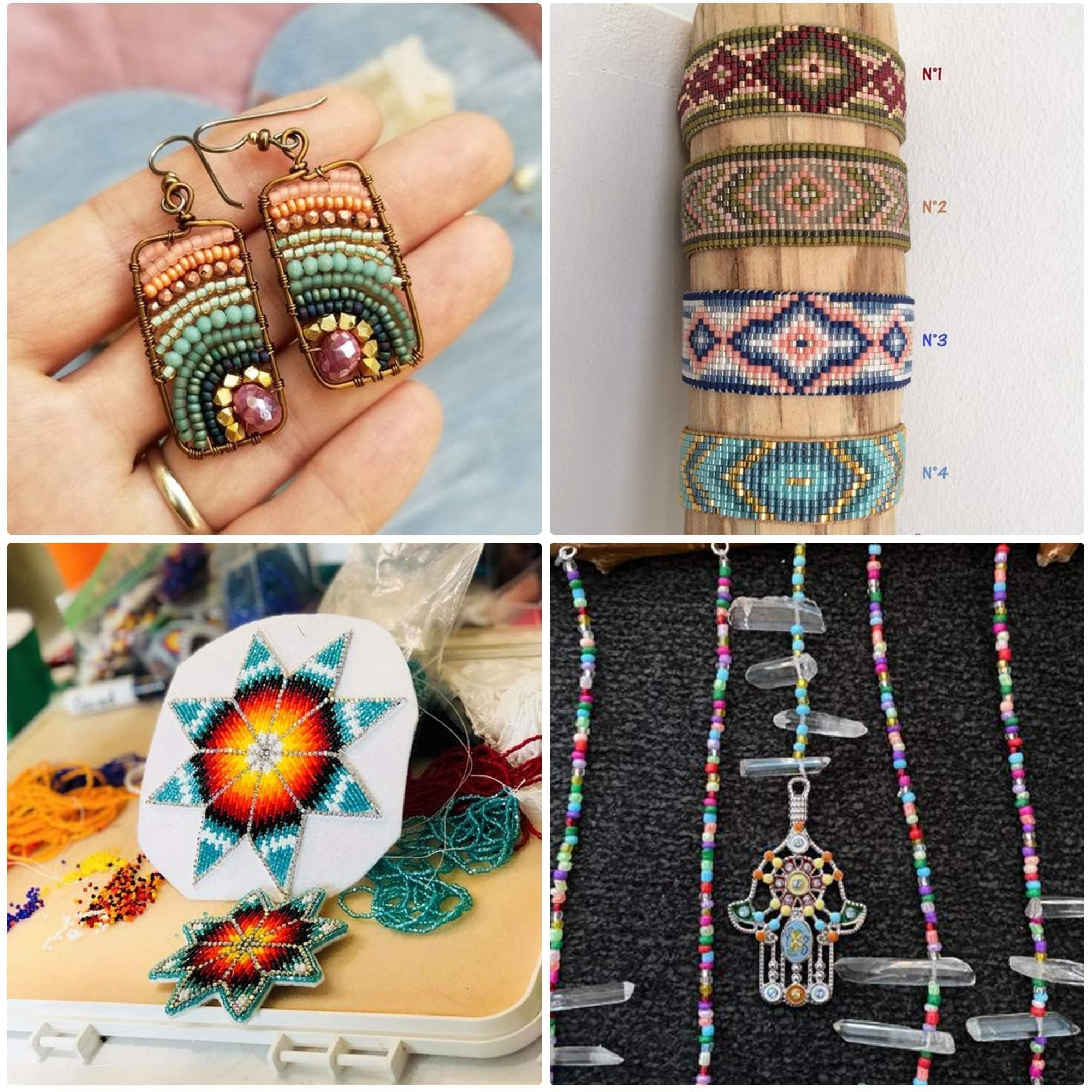 Collage of four images showing handmade beaded jewelry and crafting supplies.