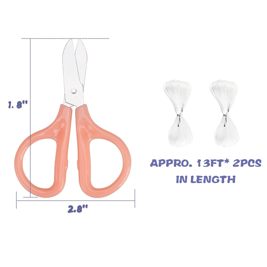 Pink scissors with dimensions 1.8" and 2.8", and two spools of white string labeled APPRO. 13FT* 2PCS IN LENGTH