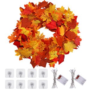 Fall maple leaf wreath with 80 LED string lights and adhesive hooks