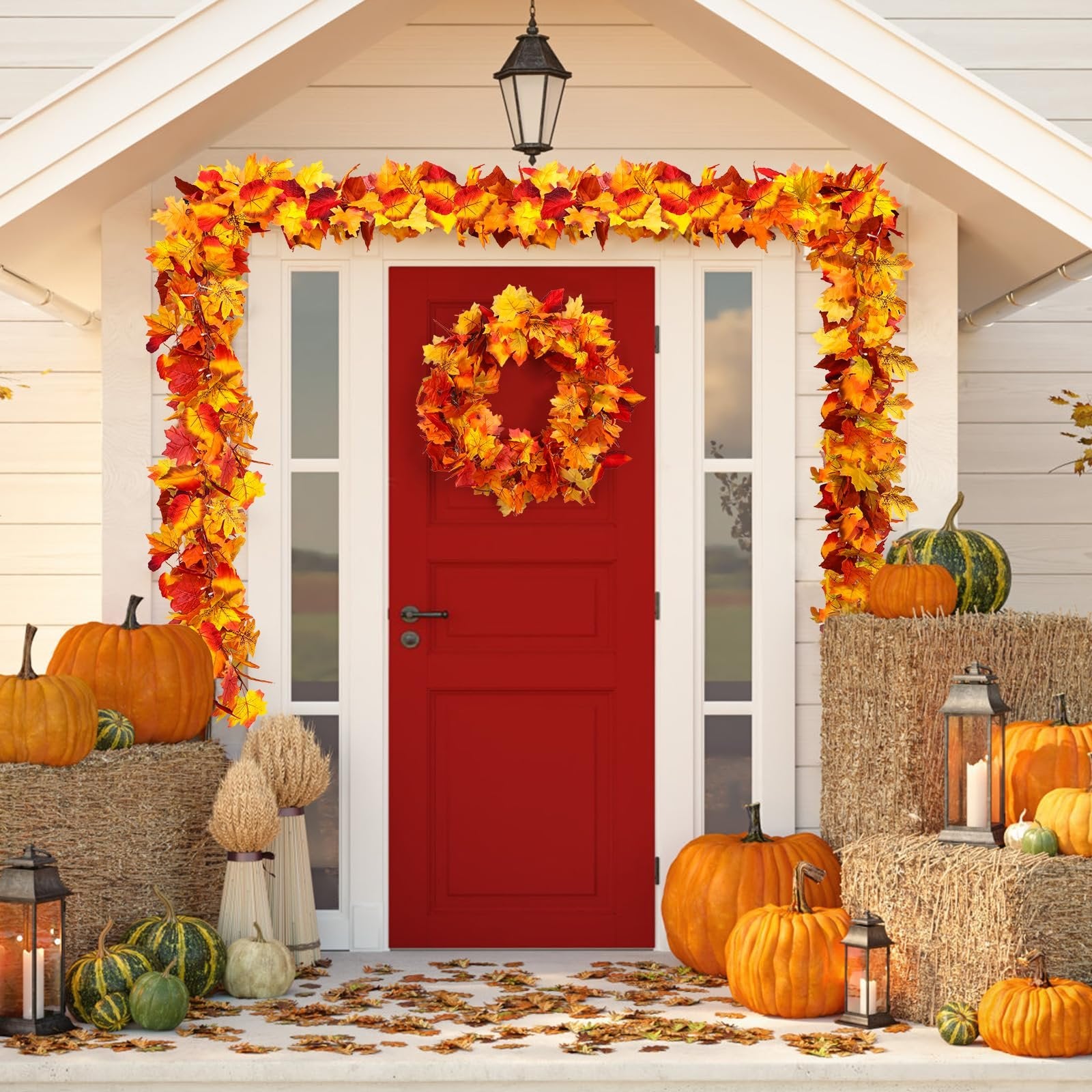 Front porch decorated for fall with a maple leaf garland and wreath, pumpkins, hay bales, and lanterns.
