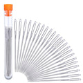 Set of stainless steel hand sewing needles with large eyes, stored in a clear tube with an orange cap.