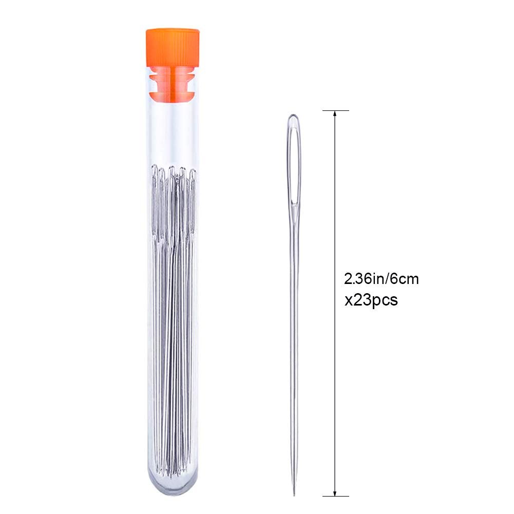 Set of 23 large eye stainless steel sewing needles in a clear tube with an orange cap, and one needle shown outside the tube with size details.