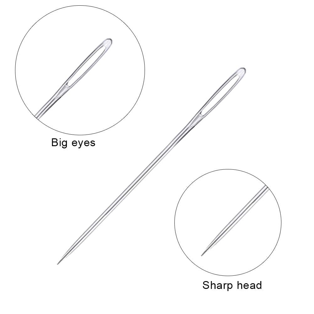 Close-up of a large eye sewing needle, with magnified views of the eye and the sharp tip.