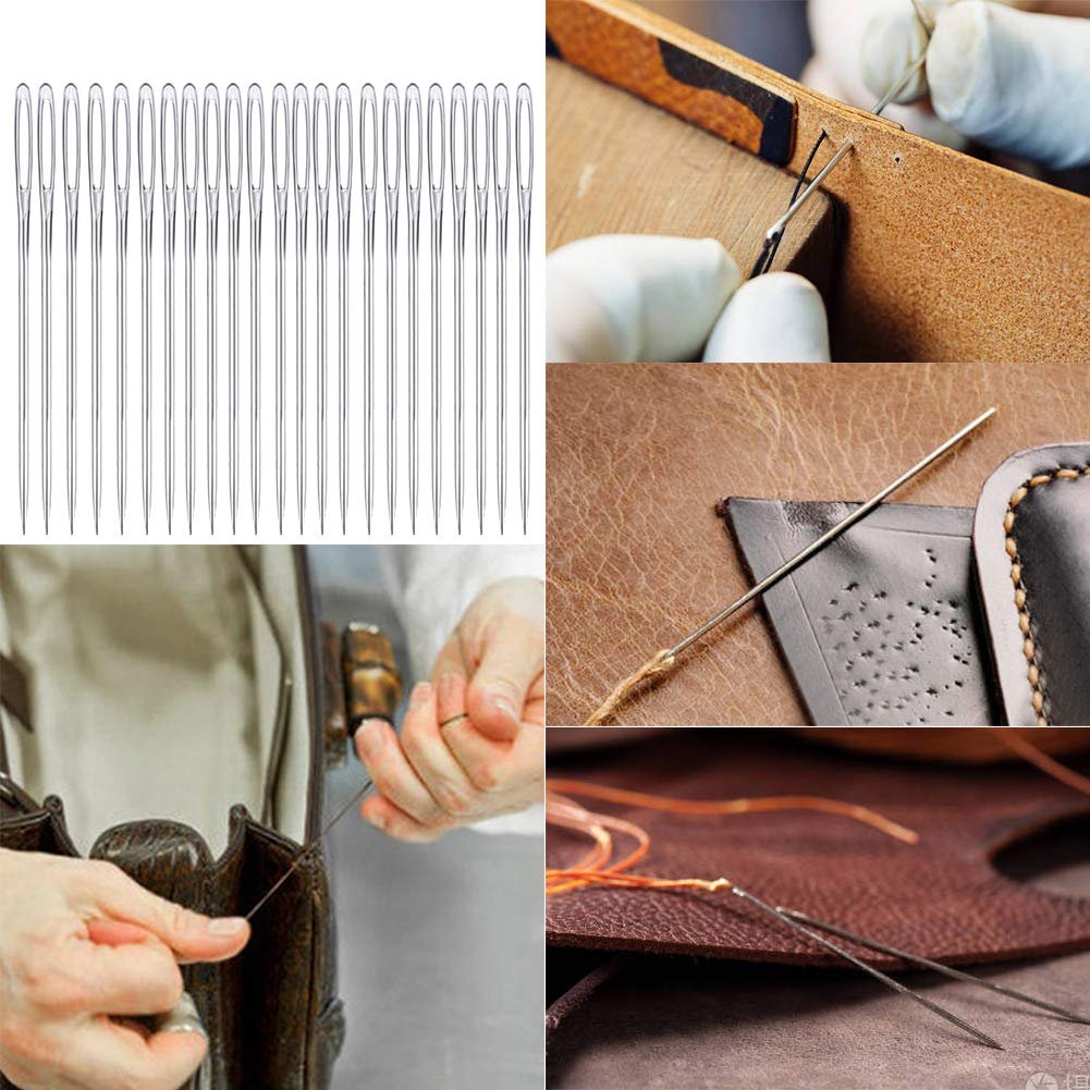 Collage of stainless steel hand sewing needles being used for leatherwork and general sewing. Includes a row of needles and close-ups of stitching.