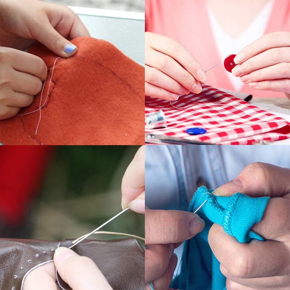Collage of four close-up shots of hands sewing with needles and thread on various fabrics.