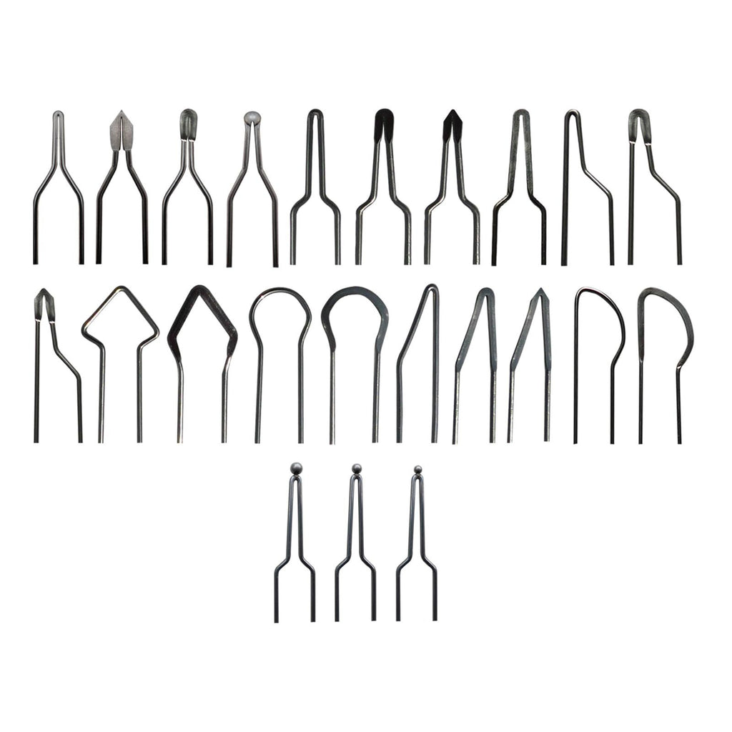 Set of 23 assorted metal wood burning tips with various shapes for pyrography pens, displayed against a white background.