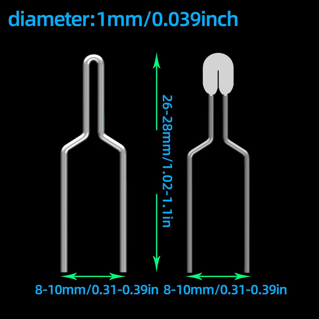Two metal wood burning tips shown with dimensions for diameter, length, and width.