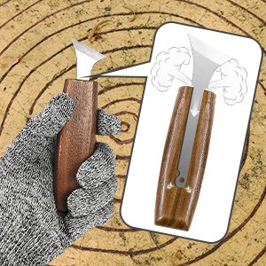 Wood carving knife with wooden handle being held by a gloved hand, with an inset diagram showing how to insert a blade.