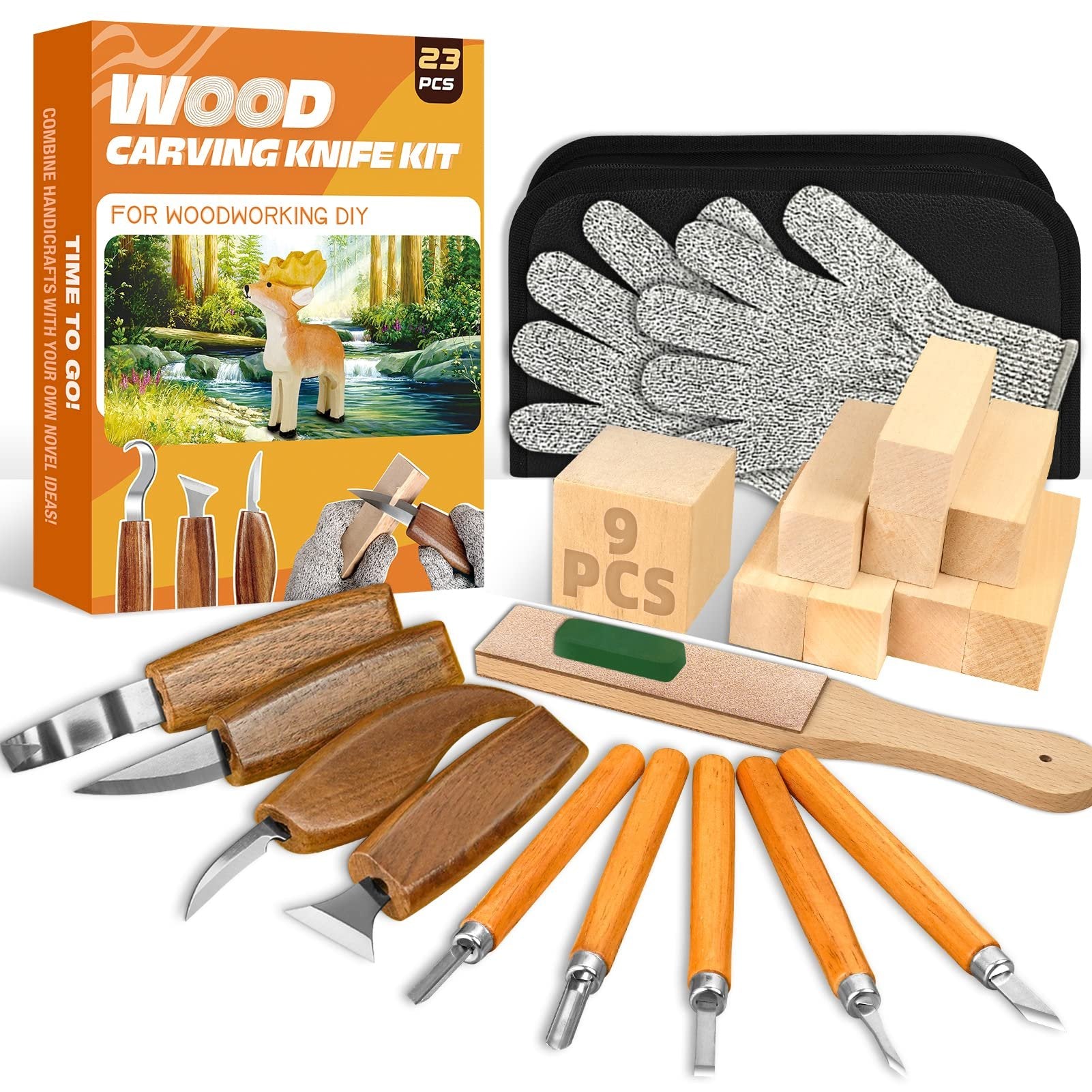 Wood carving knife kit contents including knives, basswood blocks, gloves, strop, and storage bag, with a box showing a deer carving.
