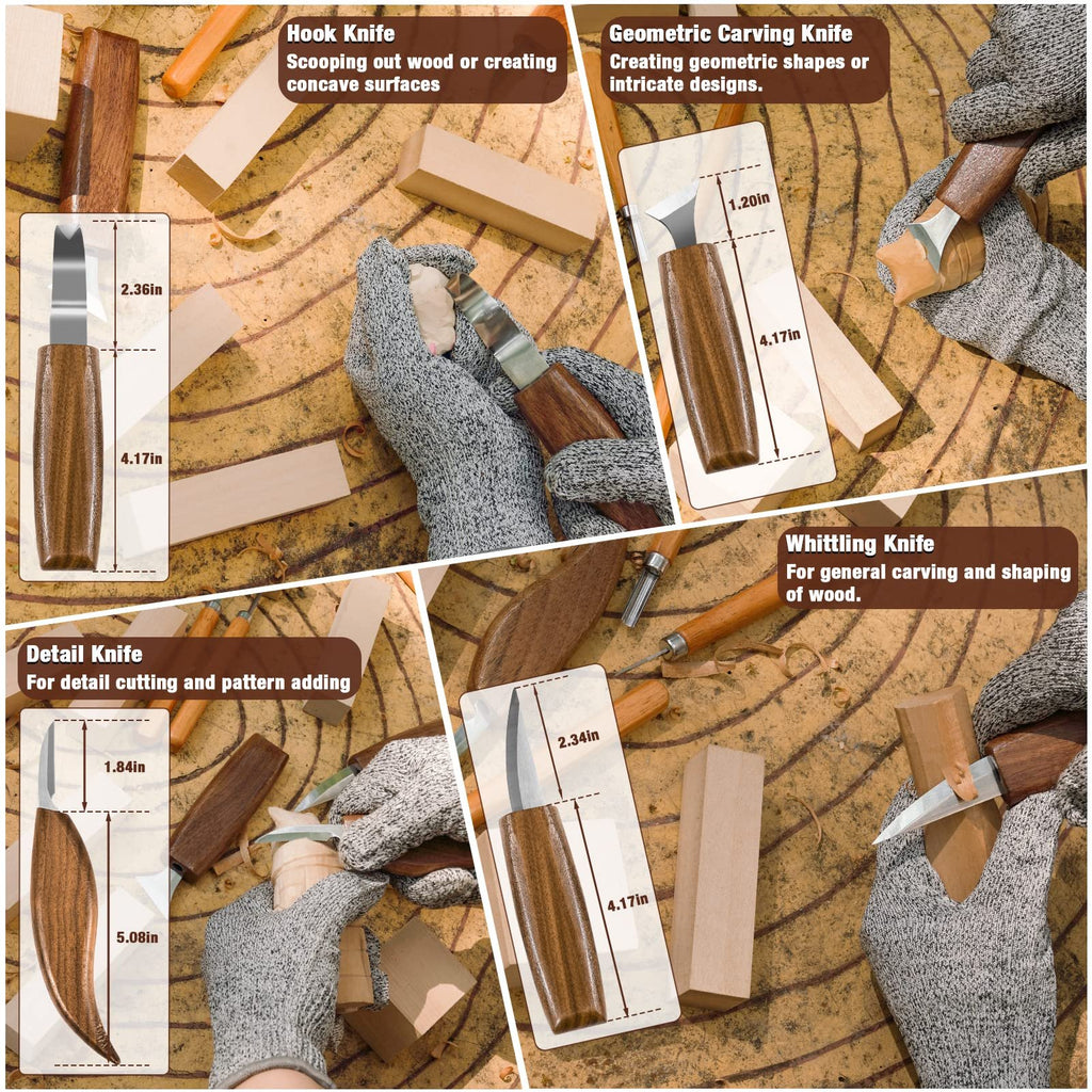 Collage of wood carving knives with dimensions and descriptions of their uses.