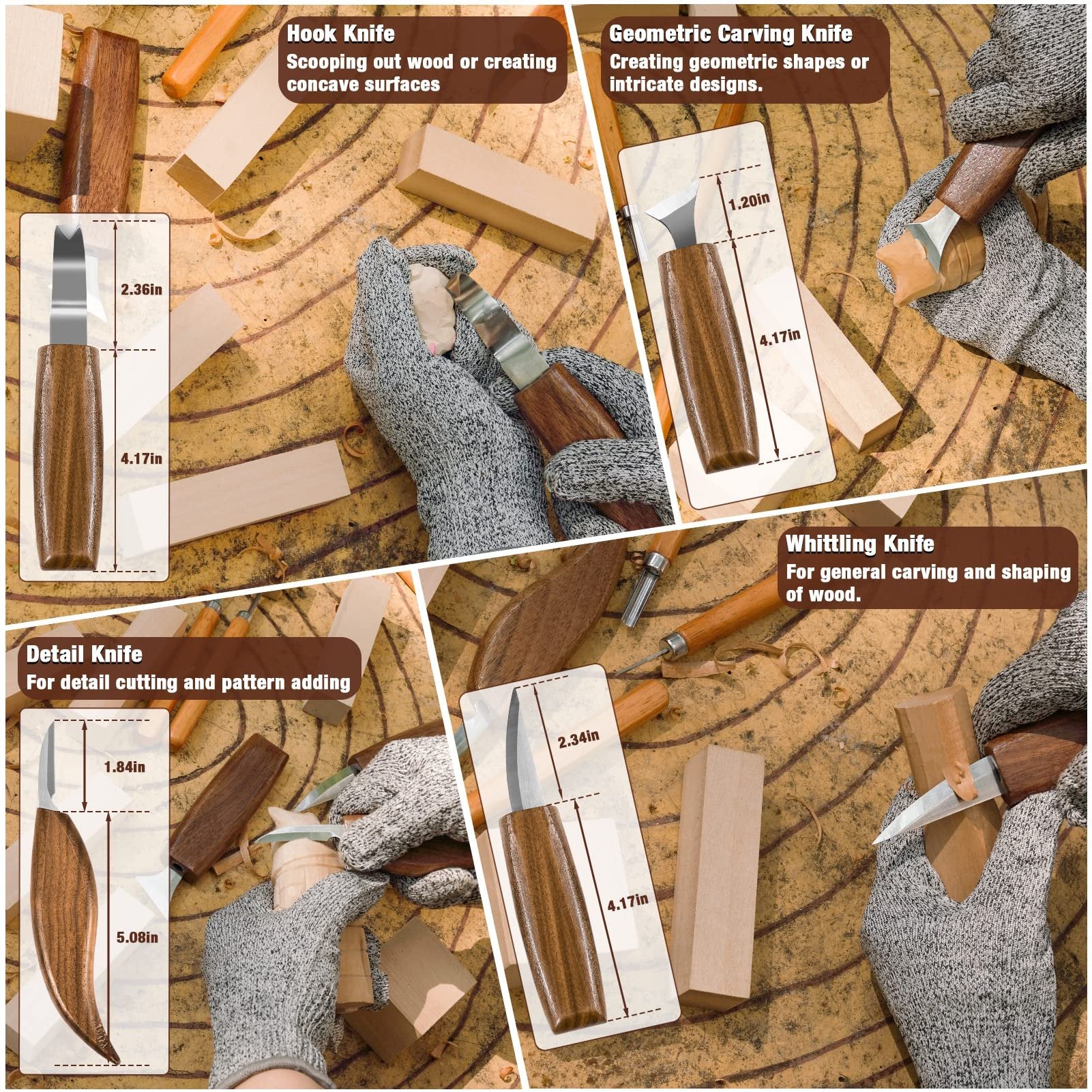 Collage of wood carving knives with dimensions and descriptions of their uses.