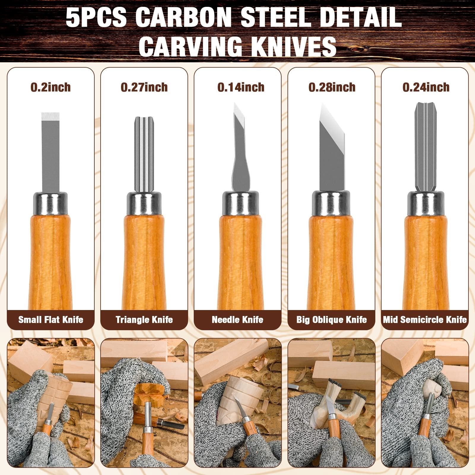 Five wood carving knives with wooden handles, each labeled with size and type, shown above four close-up shots of hands carving wood.