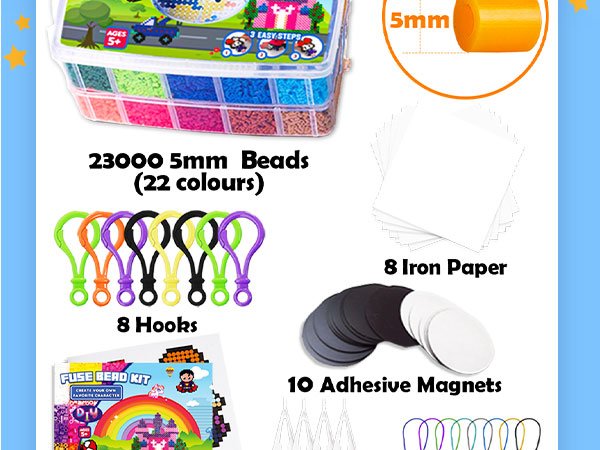 Fuse bead kit contents including a clear container of colorful beads, hooks, iron paper, and adhesive magnets.
