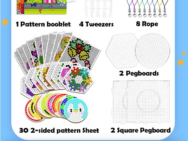 Fuse bead kit contents including pattern sheets, pegboards, tweezers, and ropes on a light blue background.